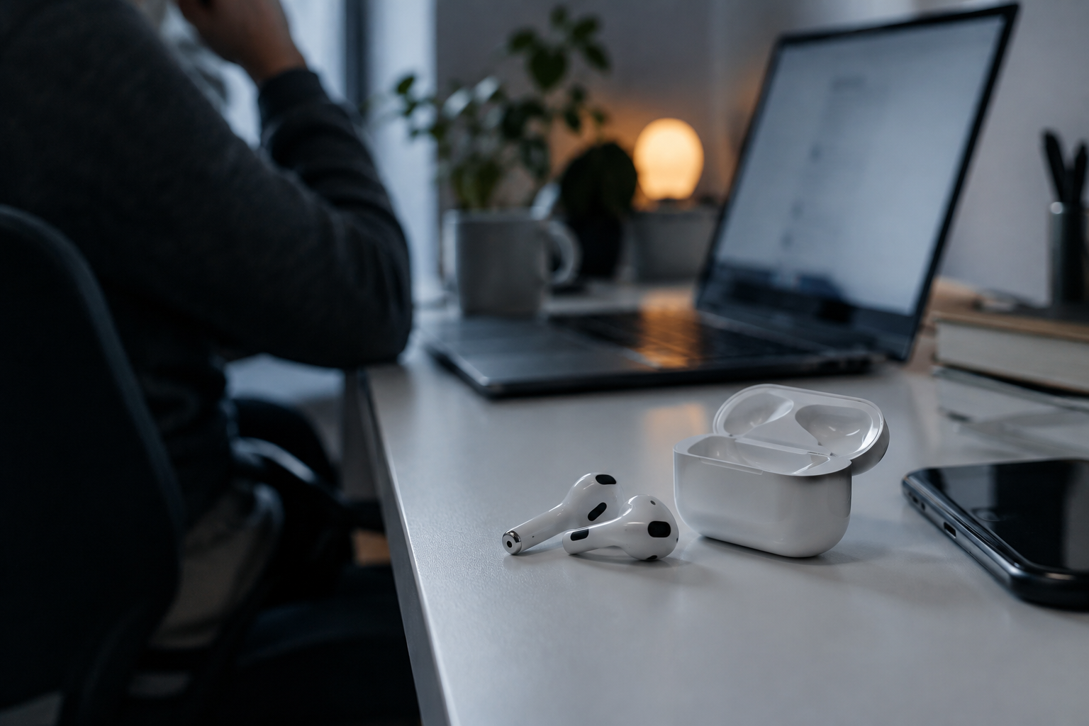 AirPods 5 wireless earbuds resting next to their open charging case on a white desk.