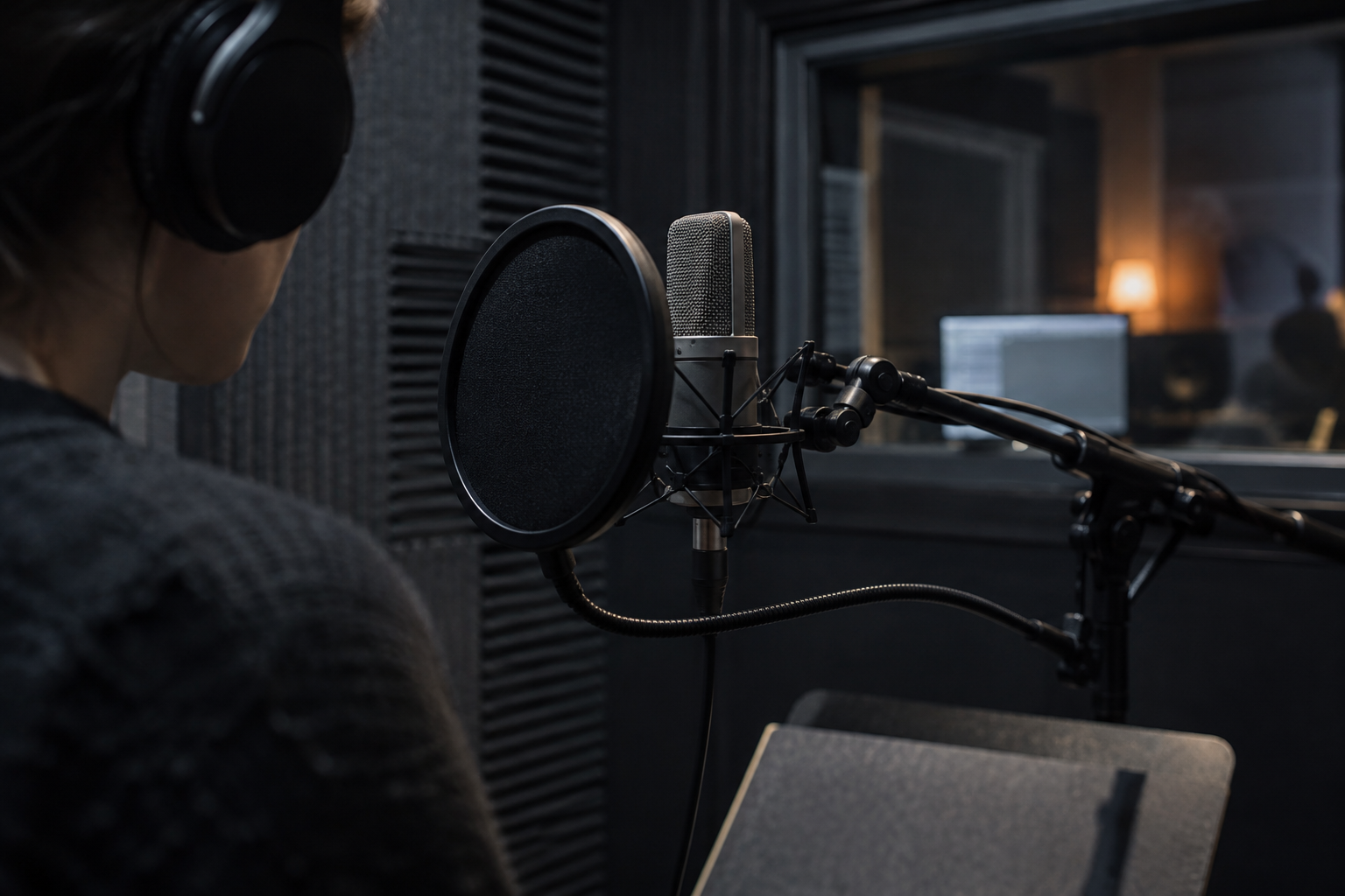 Cardioid studio microphone with pop filter on a boom stand in a treated acoustic recording booth