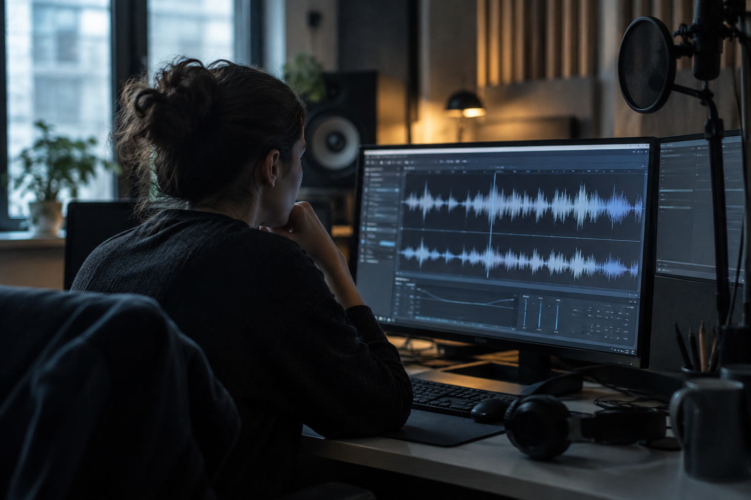 synthetic voice software interface running neural audio waveforms on a studio workstation screen
