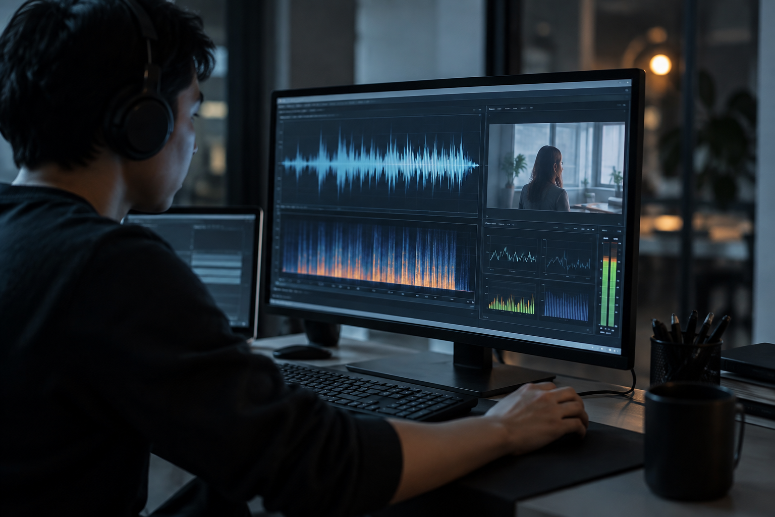 Voice AI audio waveforms and real-time streaming video metrics displayed on a monitor.