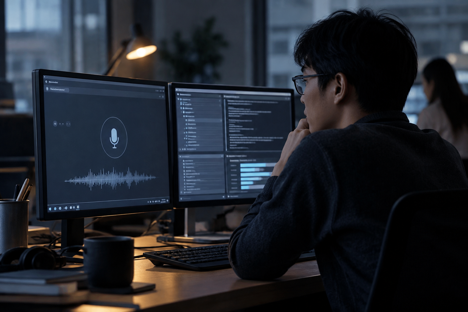 Tencent Gander voice AI interface processing live background tasks on a dual-screen developer terminal.