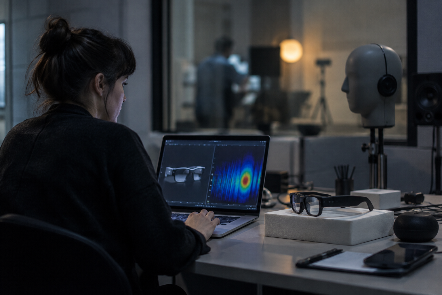 Treble sound simulation platform modeling acoustic waves across smart glasses and audio hardware in a testing room