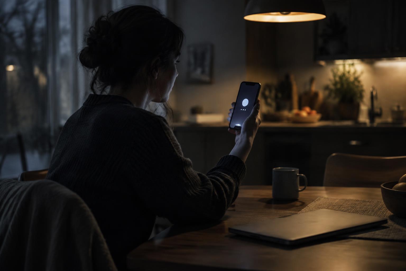 Person at a kitchen table waiting on a phone voice assistant reply at night