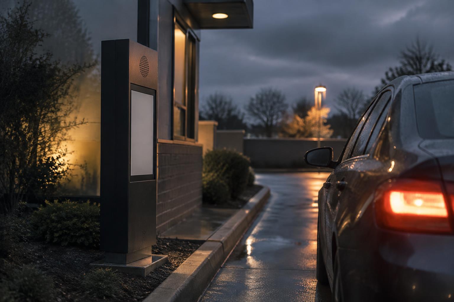 Unbranded drive-thru ordering post with a speaker grille as a car waits in the lane at dusk