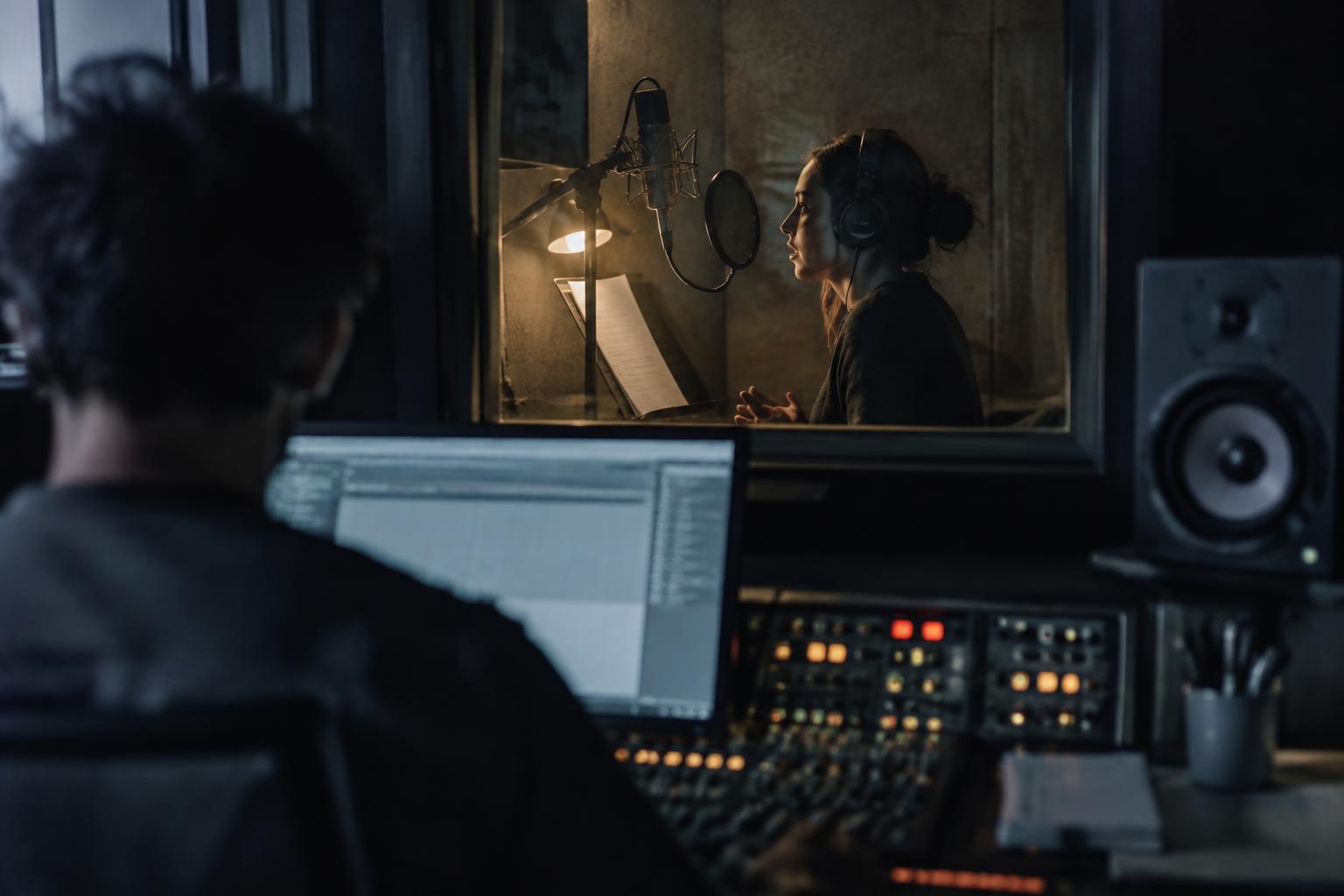 Voice performer recording expressive lines in a studio booth while an engineer monitors the take