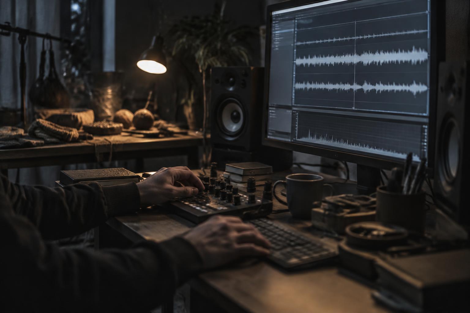 Sound designer editing audio waveforms on a controller in a home foley studio