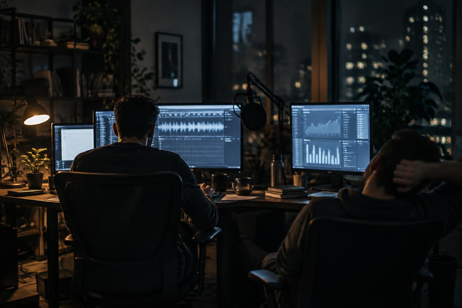 Two developers at a night-lit desk of monitors building a realtime voice AI phone agent