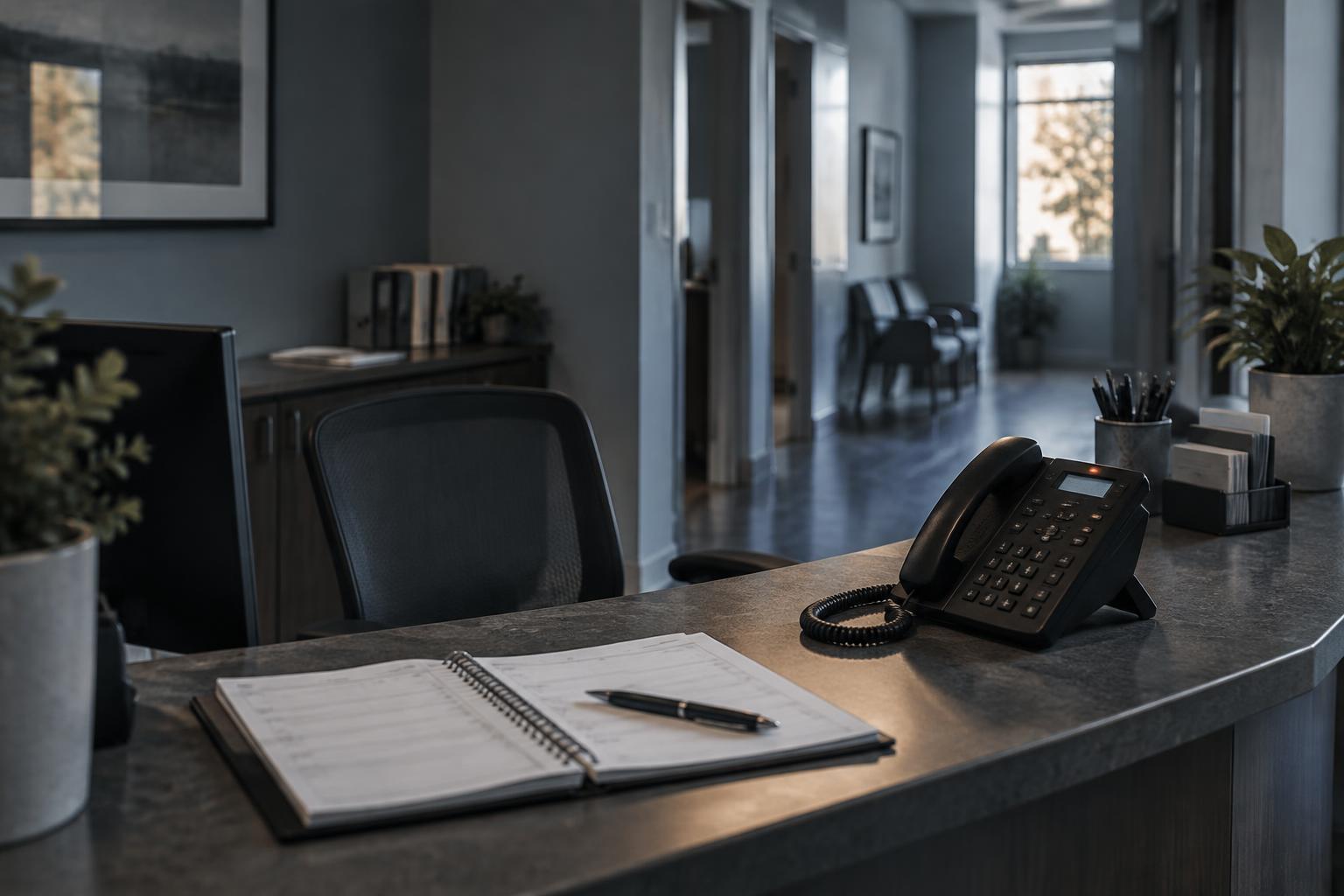 Empty reception counter with a ringing desk phone and appointment diary at a small practice