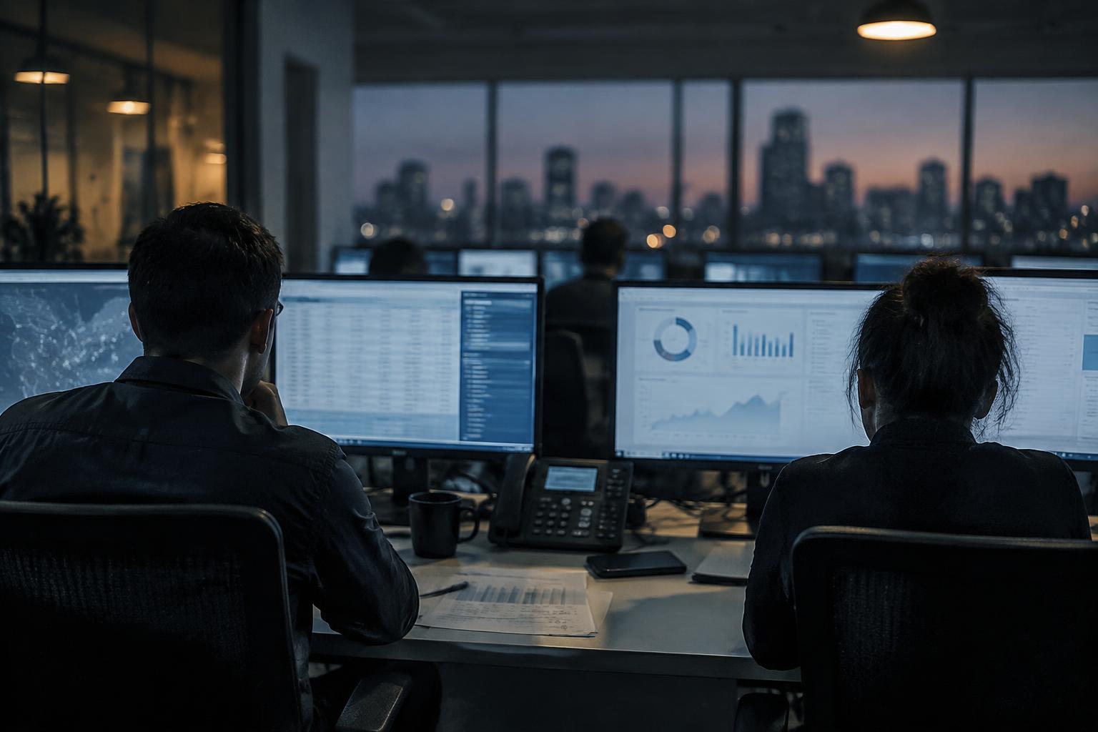 Analysts reviewing voice agent call data and dashboards in an operations room at dusk