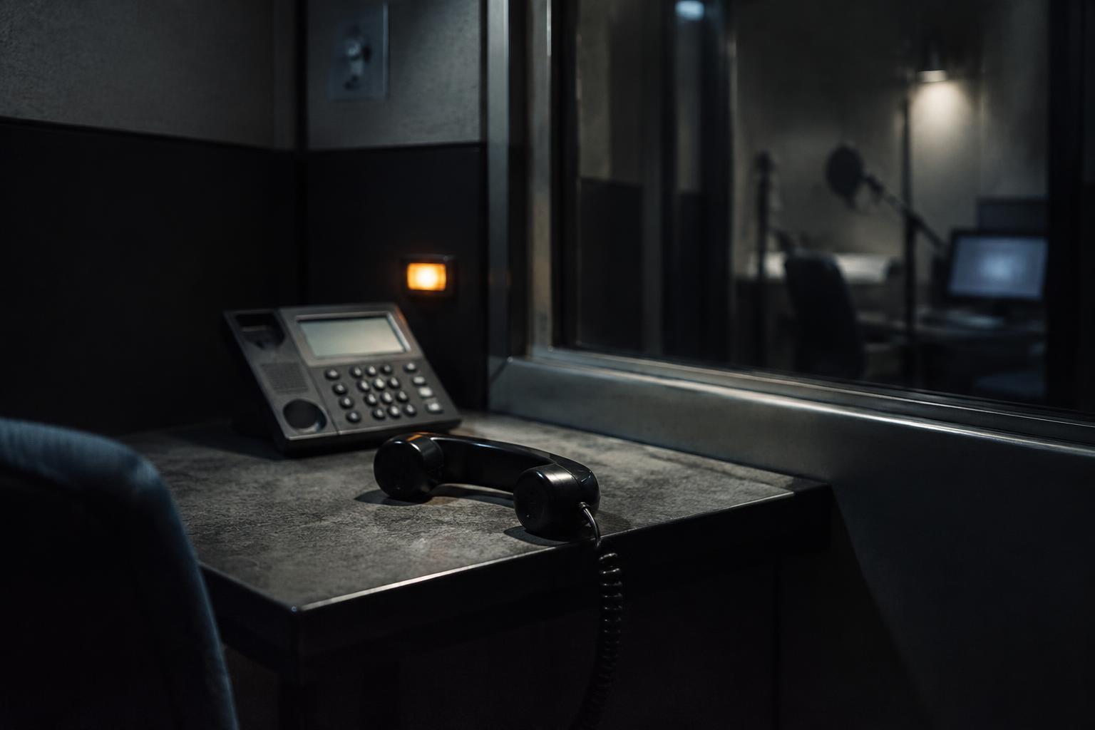 Phone handset off the hook beside a recording booth, illustrating voice cloning and voiceprint fraud